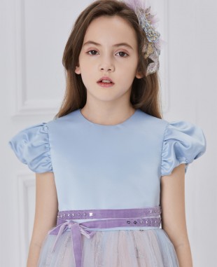 淡蓝色缎面芭蕾舞刺绣紫色绒布腰带长款连衣裙公主裙