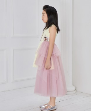 黄色芭蕾舞钉珠粉色网纱无袖连衣裙公主裙