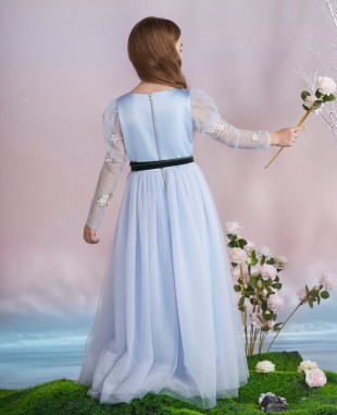 婴儿蓝蕾丝细节网纱长袖礼服长裙公主裙