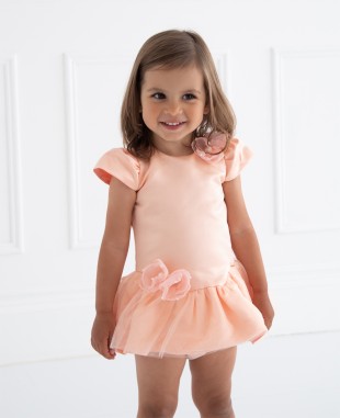 粉橘色小盖袖花朵细节婴儿礼服裙公主裙