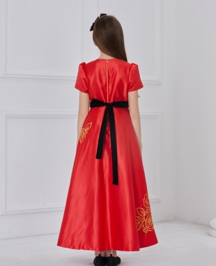 红色缎面金色花朵刺绣长连衣裙公主裙