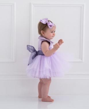 淡紫色缎面多层网纱婴儿无袖礼服裙公主裙