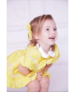 柠檬黄白提花色小圆领婴儿礼服裙公主裙