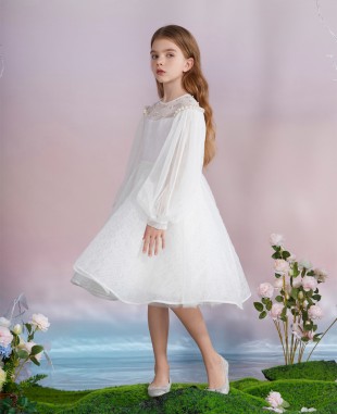 白色花朵提花网纱长袖公主裙礼服裙