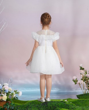 白色花朵提花泡泡袖网纱公主短裙礼服裙