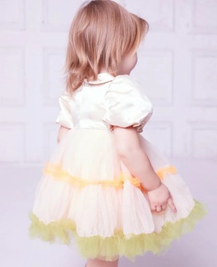裸色缎面拼接橘色绿色网纱细节婴儿礼服裙公主裙