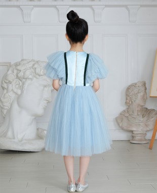婴儿蓝压褶网纱礼服公主裙