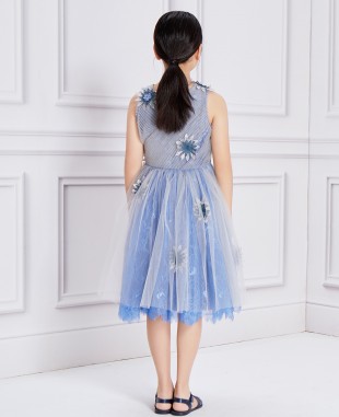 蓝色蕾丝灰色网纱亮片钉珠礼服裙公主裙