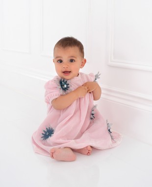 粉色金丝绒蕾丝花裙婴儿礼服裙